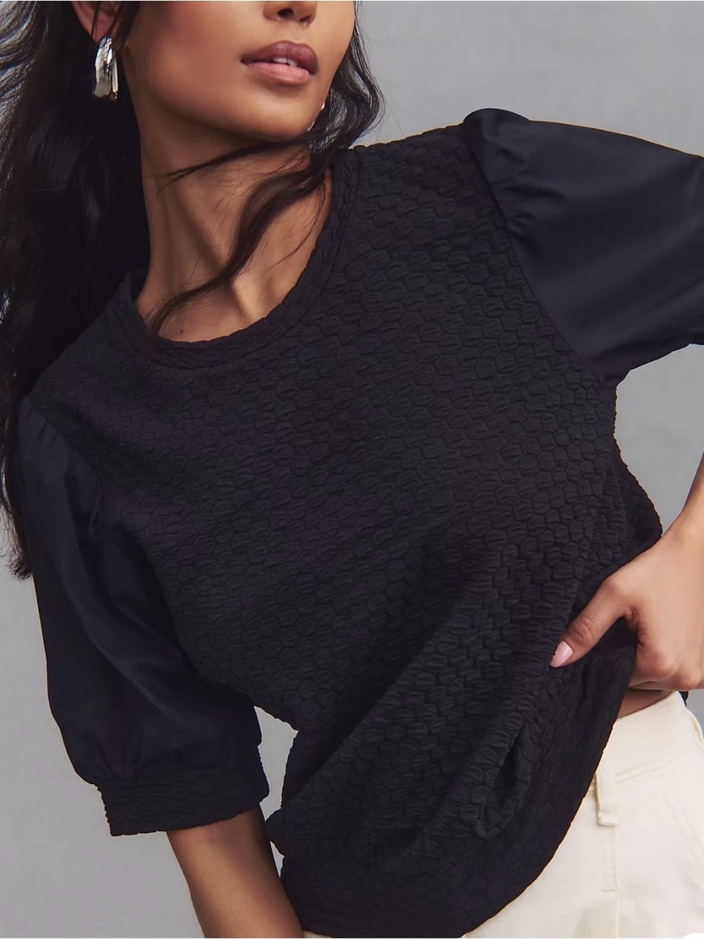 Anthropologie Porridge Black Textured Puff Sleeve Pullover Sweater XS Boho Chic
